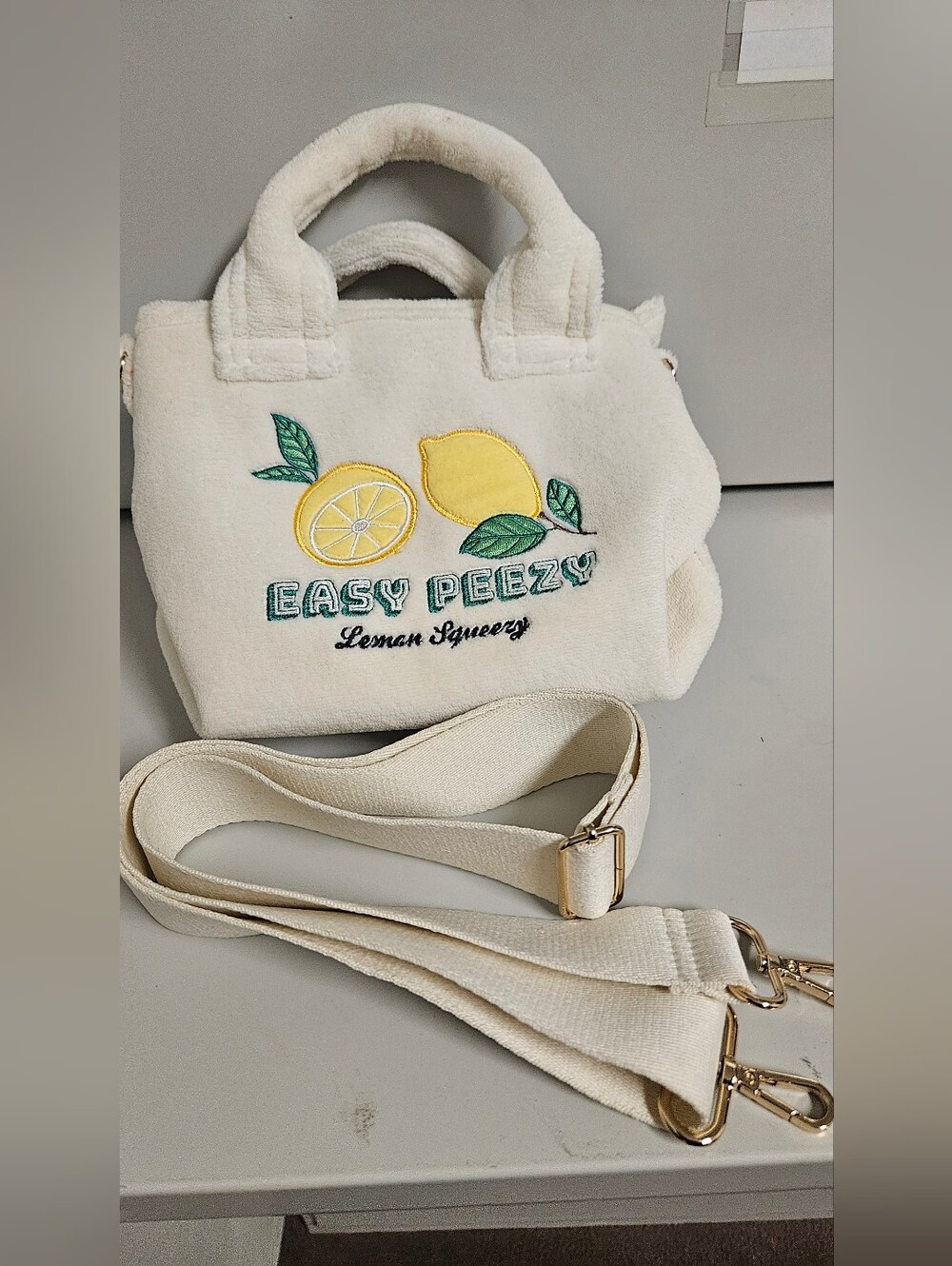 H & M Easy Pleezy Cream Lemon Embroidered Tote Bag